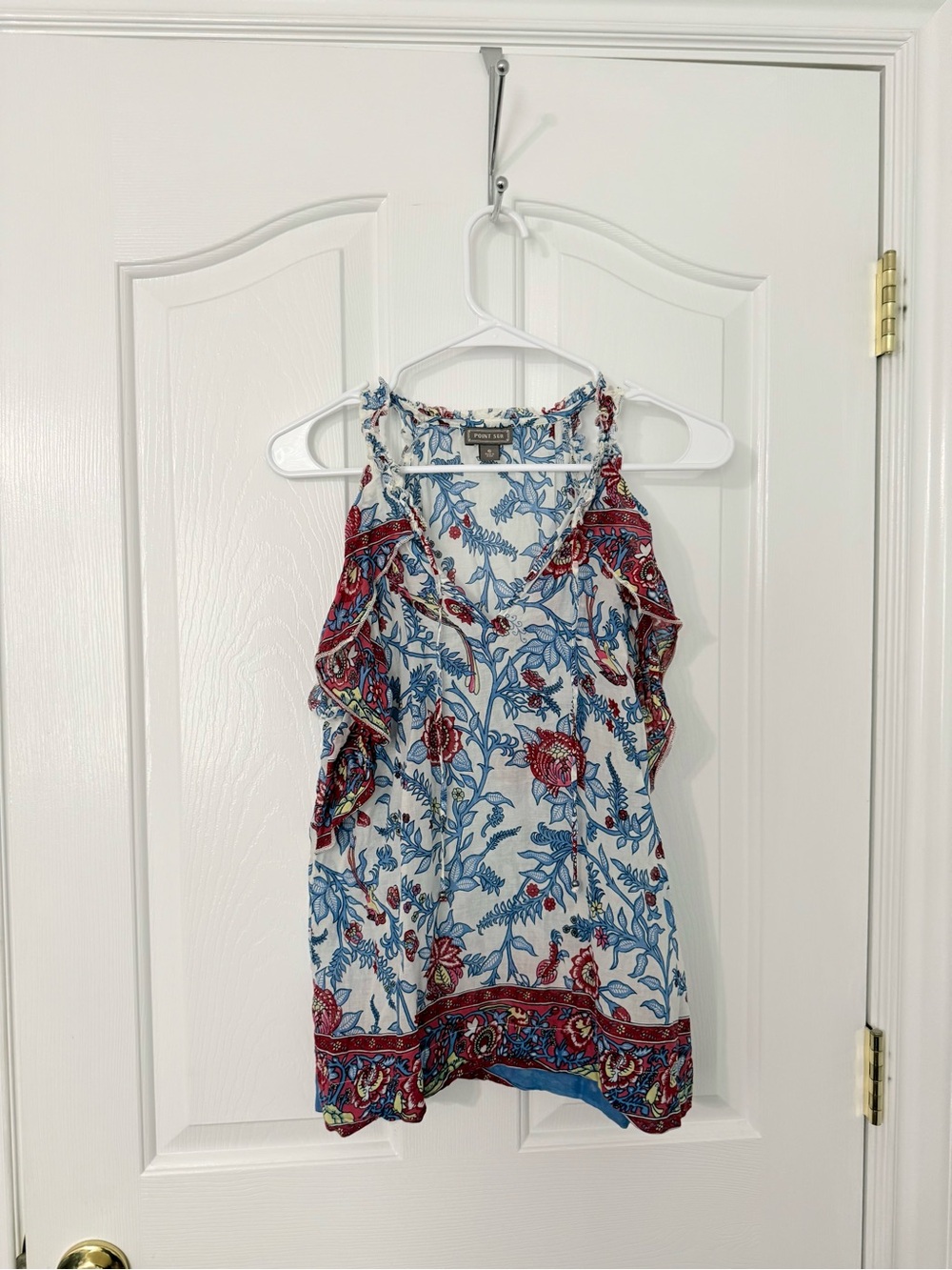JCrew Point Sur Blue & Red Floral Ruffle Halter Top